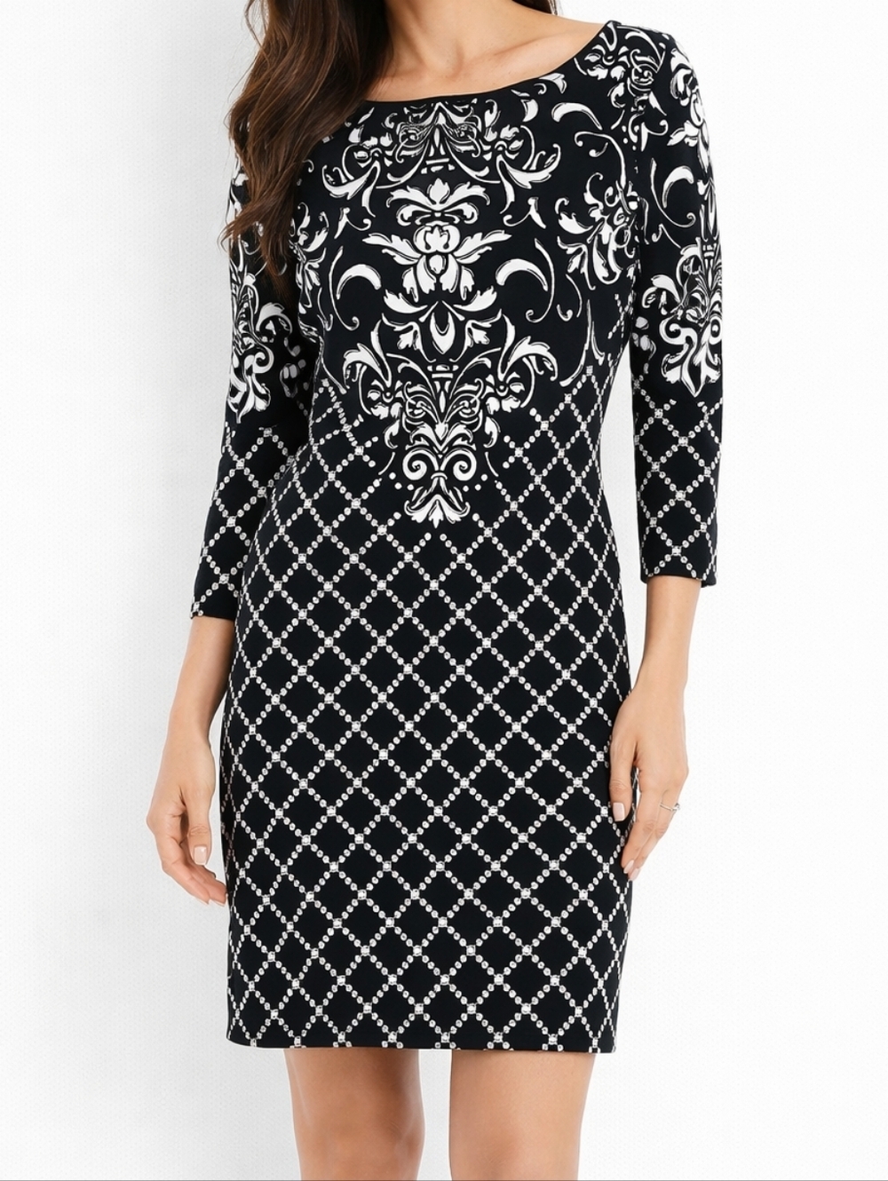 White House Black Market Dress Women Size M Black White Print Stretch 3/4 Sleeve